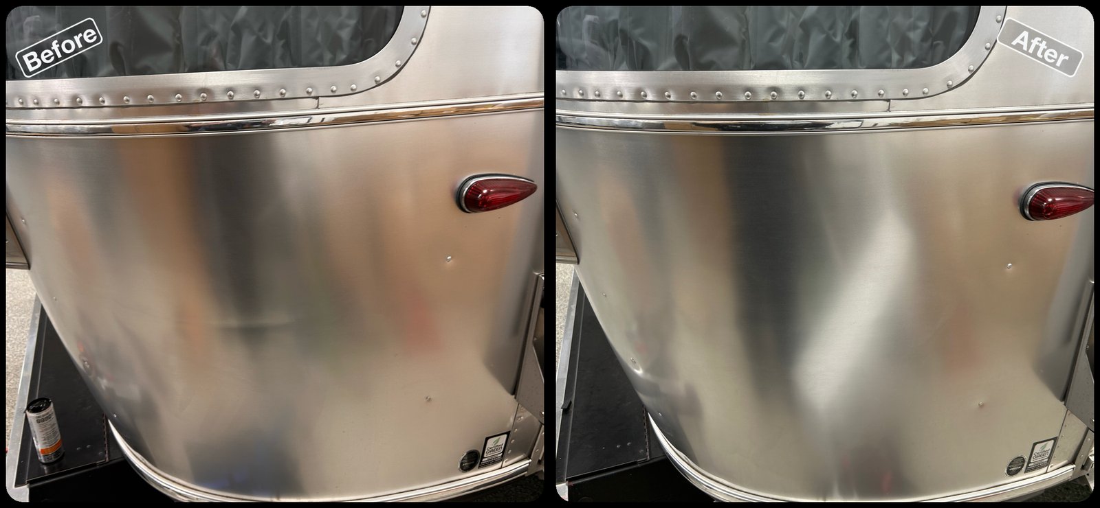 Before and after paintless dent repair on a dent on an Airstream aluminum trailer by Dent Repair USA in Lakeland, Florida. Dent removed with no filler and no repaint by Vale Certified Master Craftsman Paul Whitehorn.